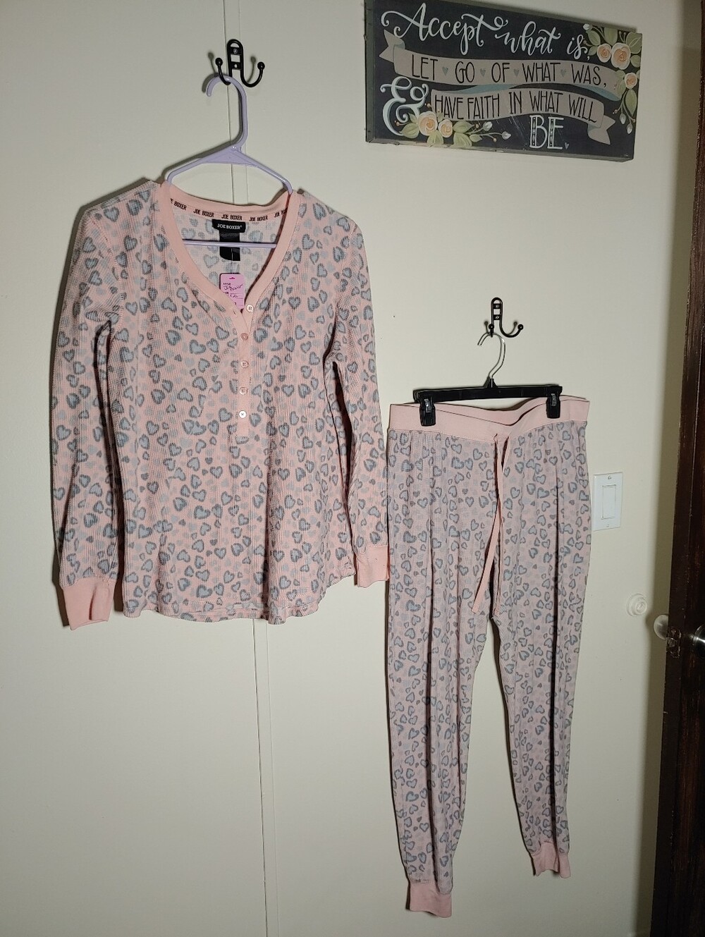 Super Cute Joe Boxer Large Pink And Gray Heart Leopard Print Thermal Pajamas